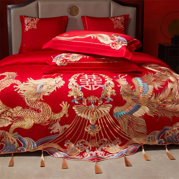 91家纺网 家纺一手货源 找家纺 红番天家居馆 （控价）2025新款纯棉新中式刺绣婚庆四件套（每款供货价的基础上一切活动券后+100） 凤仪龙章-金