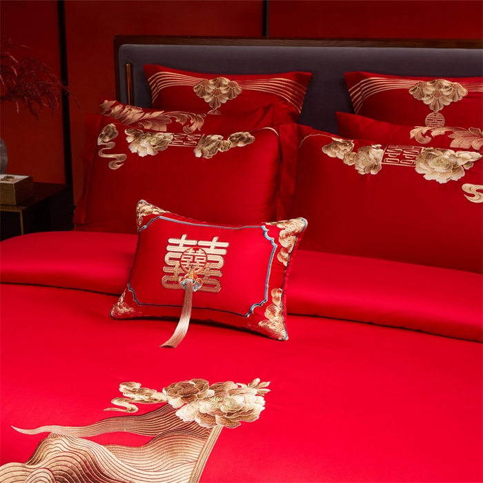 91家纺网 家纺一手货源 找家纺 红番天家居馆 （控价）2025新款纯棉新中式刺绣婚庆四件套（每款供货价的基础上一切活动券后+100） 花前月下-金