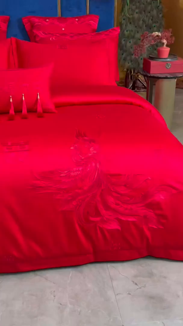 91家纺网 家纺一手货源 找家纺 红番天家居馆 （控价）2025新款纯棉新中式刺绣婚庆四件套（每款供货价的基础上一切活动券后+100） 心有灵犀-红