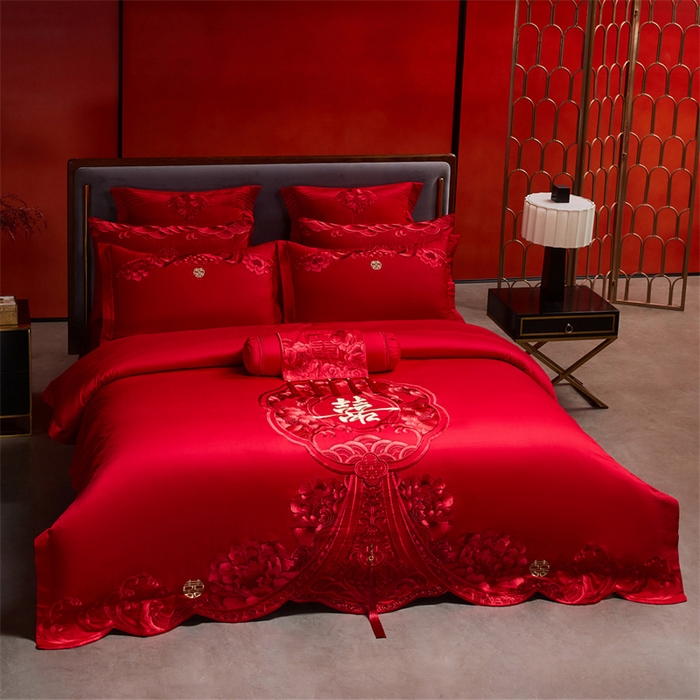 91家纺网 家纺一手货源 找家纺 红番天家居馆 （控价）2025新款纯棉新中式刺绣婚庆四件套（每款供货价的基础上一切活动券后+100） 绮梦花境-红