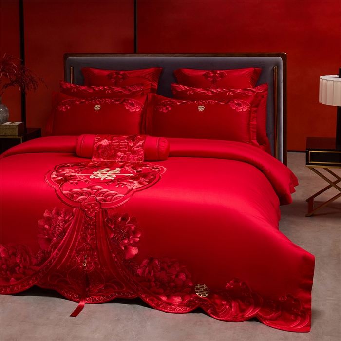 91家纺网 家纺一手货源 找家纺 红番天家居馆 （控价）2025新款纯棉新中式刺绣婚庆四件套（每款供货价的基础上一切活动券后+100） 绮梦花境-红