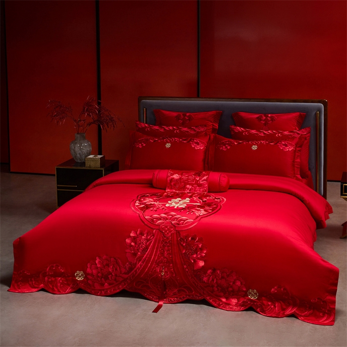 91家纺网 家纺一手货源 找家纺 红番天家居馆 （控价）2025新款纯棉新中式刺绣婚庆四件套（每款供货价的基础上一切活动券后+100） 绮梦花境-红