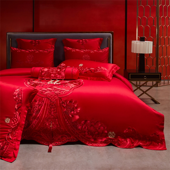 91家纺网 家纺一手货源 找家纺 红番天家居馆 （控价）2025新款纯棉新中式刺绣婚庆四件套（每款供货价的基础上一切活动券后+100） 绮梦花境-红