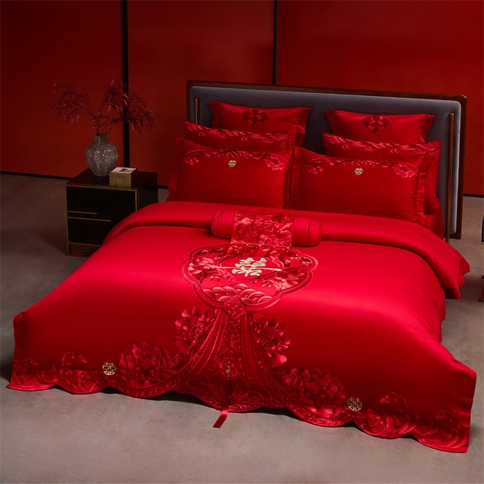 91家纺网 家纺一手货源 找家纺 红番天家居馆 （控价）2025新款纯棉新中式刺绣婚庆四件套（每款供货价的基础上一切活动券后+100） 绮梦花境-红