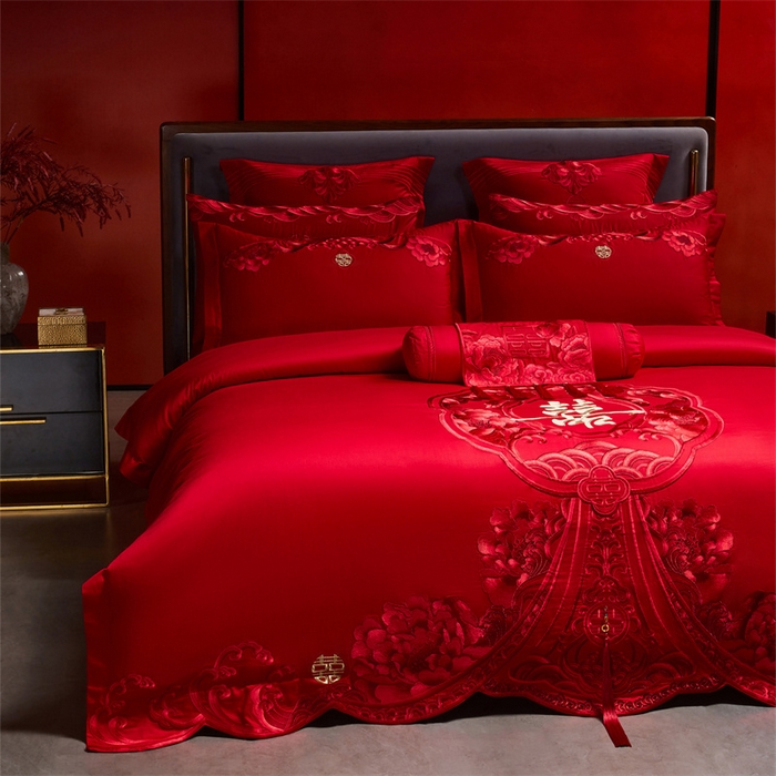 91家纺网 家纺一手货源 找家纺 红番天家居馆 （控价）2025新款纯棉新中式刺绣婚庆四件套（每款供货价的基础上一切活动券后+100） 绮梦花境-红