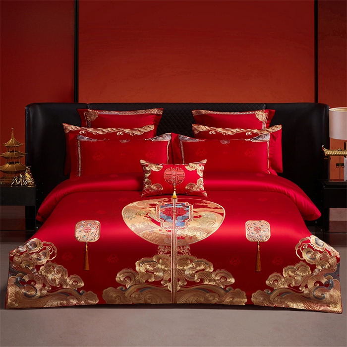 91家纺网 家纺一手货源 找家纺 红番天家居馆 （控价）2025新款纯棉贡缎提花婚庆四件套（每款供货价的基础上一切活动券后+100） 听澜同心-金