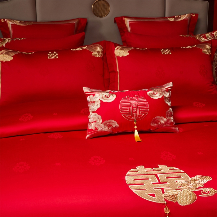 91家纺网 家纺一手货源 找家纺 红番天家居馆 （控价）2025新款纯棉贡缎提花婚庆四件套（每款供货价的基础上一切活动券后+100） 榴连忘返-金
