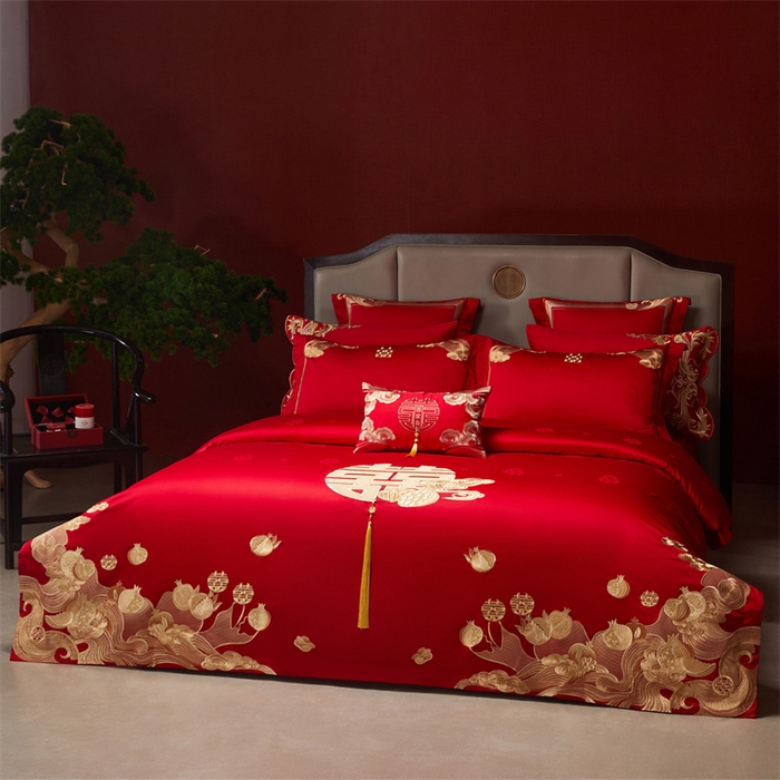 91家纺网 家纺一手货源 找家纺 红番天家居馆 （控价）2025新款纯棉贡缎提花婚庆四件套（每款供货价的基础上一切活动券后+100） 榴连忘返-金