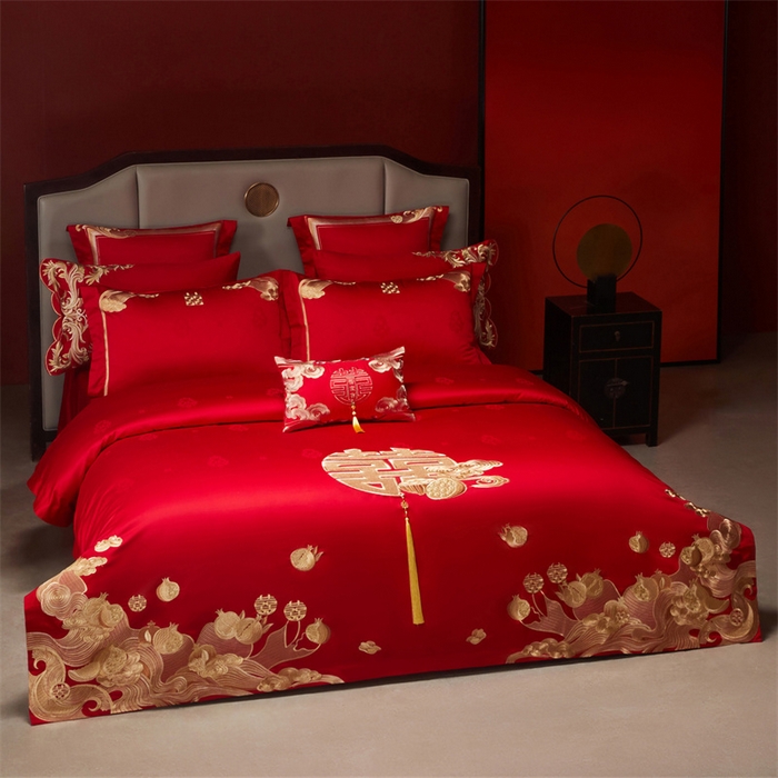 91家纺网 家纺一手货源 找家纺 红番天家居馆 （控价）2025新款纯棉贡缎提花婚庆四件套（每款供货价的基础上一切活动券后+100） 榴连忘返-金