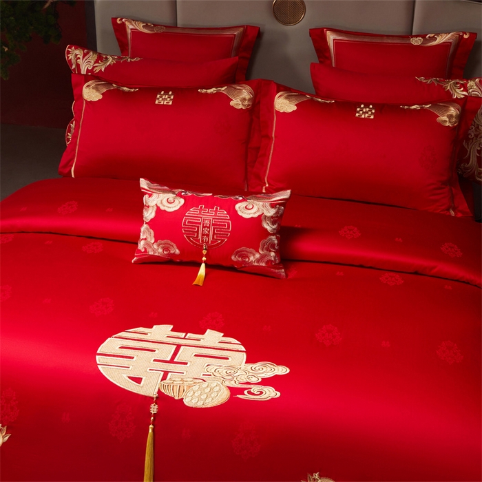 91家纺网 家纺一手货源 找家纺 红番天家居馆 （控价）2025新款纯棉贡缎提花婚庆四件套（每款供货价的基础上一切活动券后+100） 榴连忘返-金