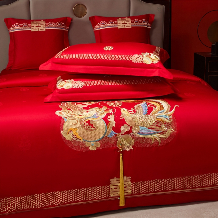91家纺网 家纺一手货源 找家纺 红番天家居馆 （控价）2025新款纯棉贡缎提花婚庆四件套（每款供货价的基础上一切活动券后+100） 龙凤榴禧-金