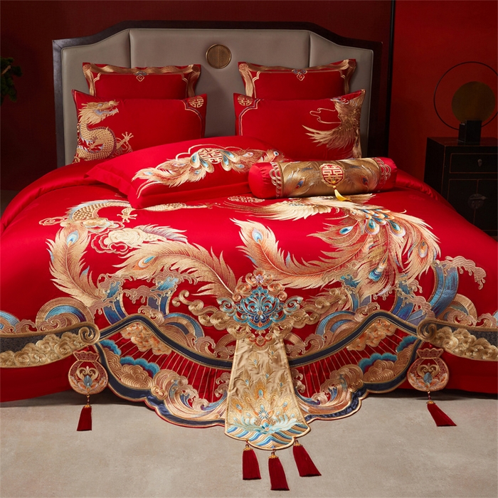 91家纺网 家纺一手货源 找家纺 红番天家居馆 （控价）2025新款纯棉贡缎提花婚庆四件套（每款供货价的基础上一切活动券后+100） 龙凤和鸣-金