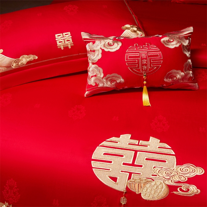 91家纺网 家纺一手货源 找家纺 红番天家居馆 （控价）2025新款纯棉贡缎提花婚庆四件套（每款供货价的基础上一切活动券后+100） 榴连忘返-金