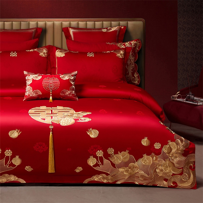 91家纺网 家纺一手货源 找家纺 红番天家居馆 （控价）2025新款纯棉贡缎提花婚庆四件套（每款供货价的基础上一切活动券后+100） 榴连忘返-金