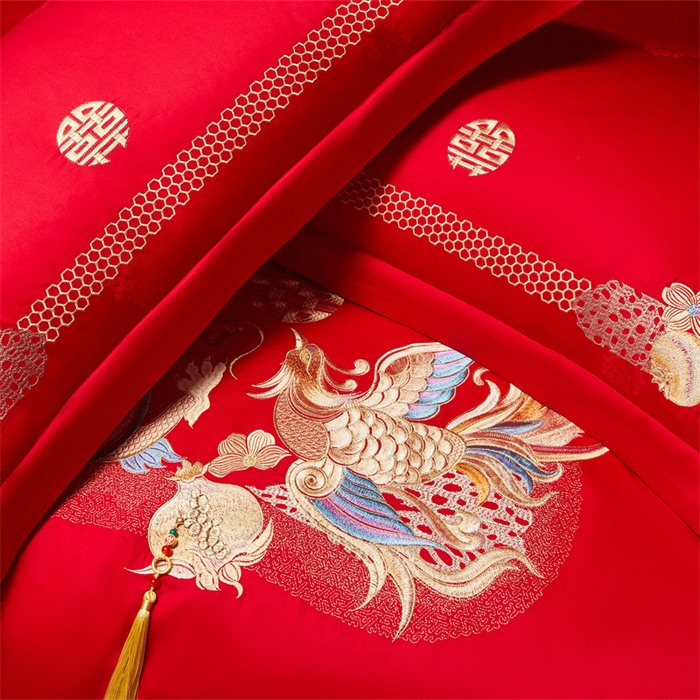 91家纺网 家纺一手货源 找家纺 红番天家居馆 （控价）2025新款纯棉贡缎提花婚庆四件套（每款供货价的基础上一切活动券后+100） 龙凤榴禧-金