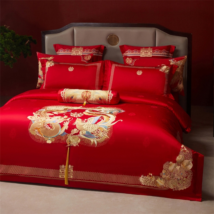 91家纺网 家纺一手货源 找家纺 红番天家居馆 （控价）2025新款纯棉贡缎提花婚庆四件套（每款供货价的基础上一切活动券后+100） 龙凤榴禧-金