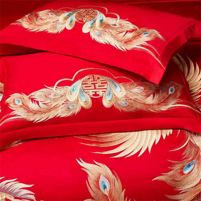 91家纺网 家纺一手货源 找家纺 红番天家居馆 （控价）2025新款纯棉贡缎提花婚庆四件套（每款供货价的基础上一切活动券后+100） 龙凤和鸣-金