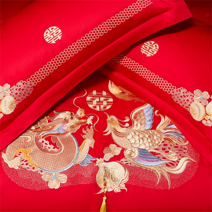 91家纺网 家纺一手货源 找家纺 红番天家居馆 （控价）2025新款纯棉贡缎提花婚庆四件套（每款供货价的基础上一切活动券后+100） 龙凤榴禧-金