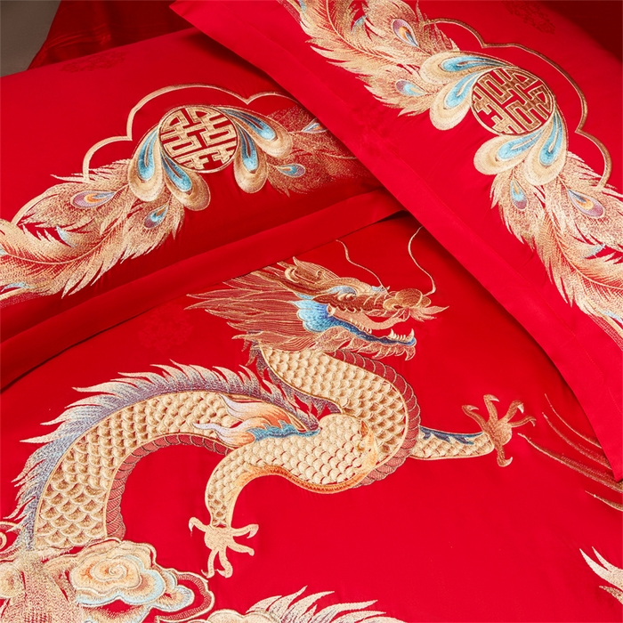 91家纺网 家纺一手货源 找家纺 红番天家居馆 （控价）2025新款纯棉贡缎提花婚庆四件套（每款供货价的基础上一切活动券后+100） 龙凤和鸣-金