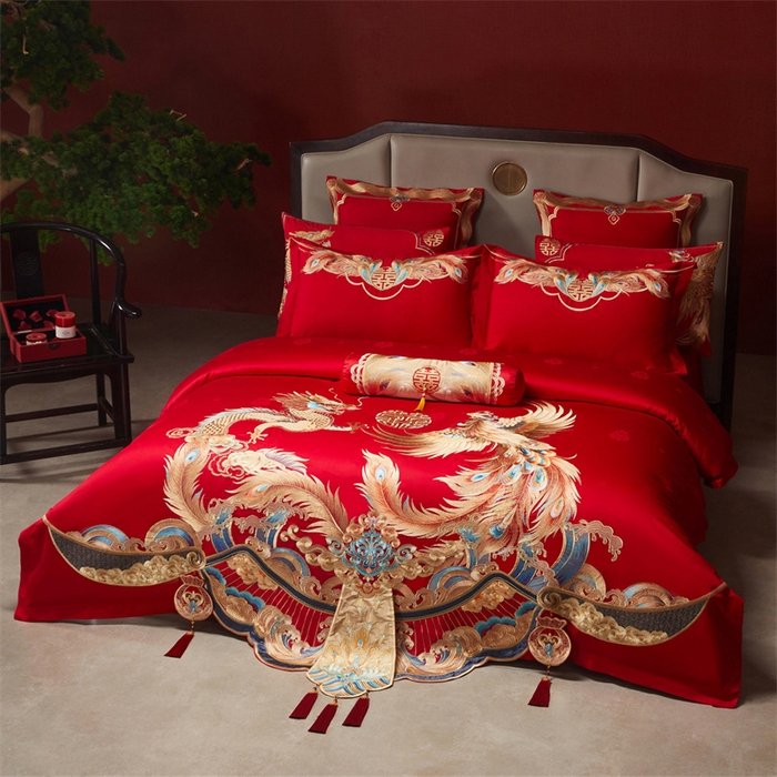 91家纺网 家纺一手货源 找家纺 红番天家居馆 （控价）2025新款纯棉贡缎提花婚庆四件套（每款供货价的基础上一切活动券后+100） 龙凤和鸣-金