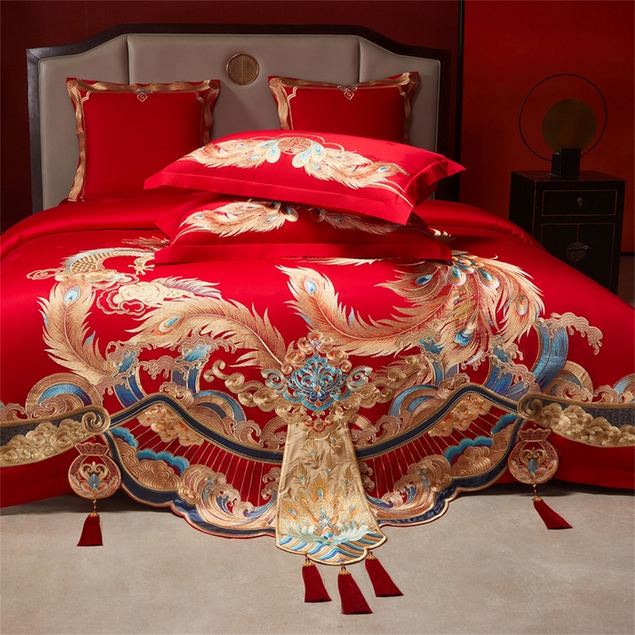 91家纺网 家纺一手货源 找家纺 红番天家居馆 （控价）2025新款纯棉贡缎提花婚庆四件套（每款供货价的基础上一切活动券后+100） 龙凤和鸣-金