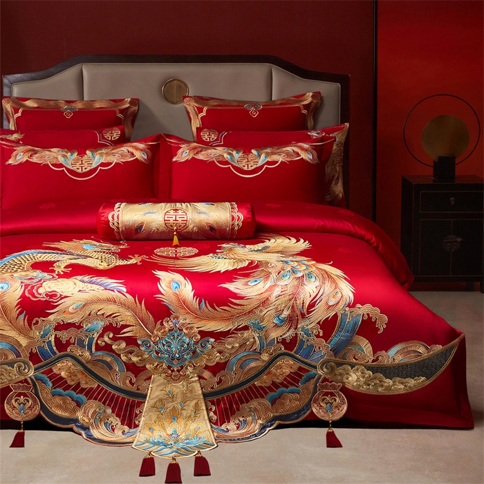 91家纺网 家纺一手货源 找家纺 红番天家居馆 （控价）2025新款纯棉贡缎提花婚庆四件套（每款供货价的基础上一切活动券后+100） 龙凤和鸣-金