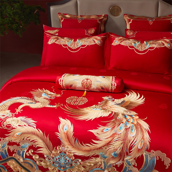 91家纺网 家纺一手货源 找家纺 红番天家居馆 （控价）2025新款纯棉贡缎提花婚庆四件套（每款供货价的基础上一切活动券后+100） 龙凤和鸣-金