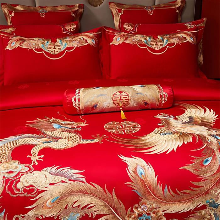 91家纺网 家纺一手货源 找家纺 红番天家居馆 （控价）2025新款纯棉贡缎提花婚庆四件套（每款供货价的基础上一切活动券后+100） 龙凤和鸣-金
