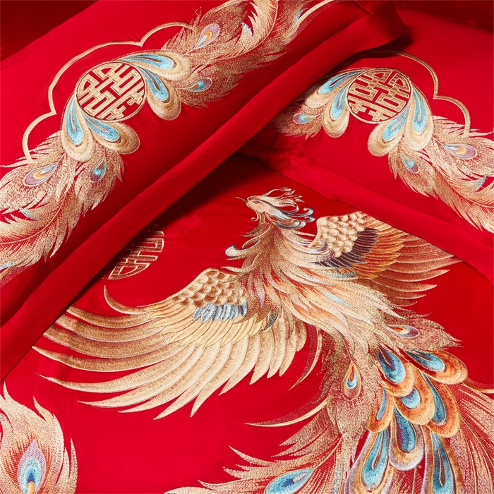 91家纺网 家纺一手货源 找家纺 红番天家居馆 （控价）2025新款纯棉贡缎提花婚庆四件套（每款供货价的基础上一切活动券后+100） 龙凤和鸣-金