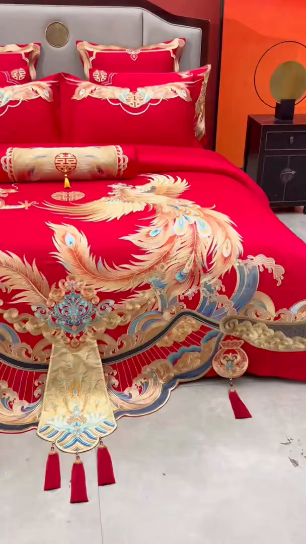 91家纺网 家纺一手货源 找家纺 红番天家居馆 （控价）2025新款纯棉贡缎提花婚庆四件套（每款供货价的基础上一切活动券后+100） 龙凤和鸣-金