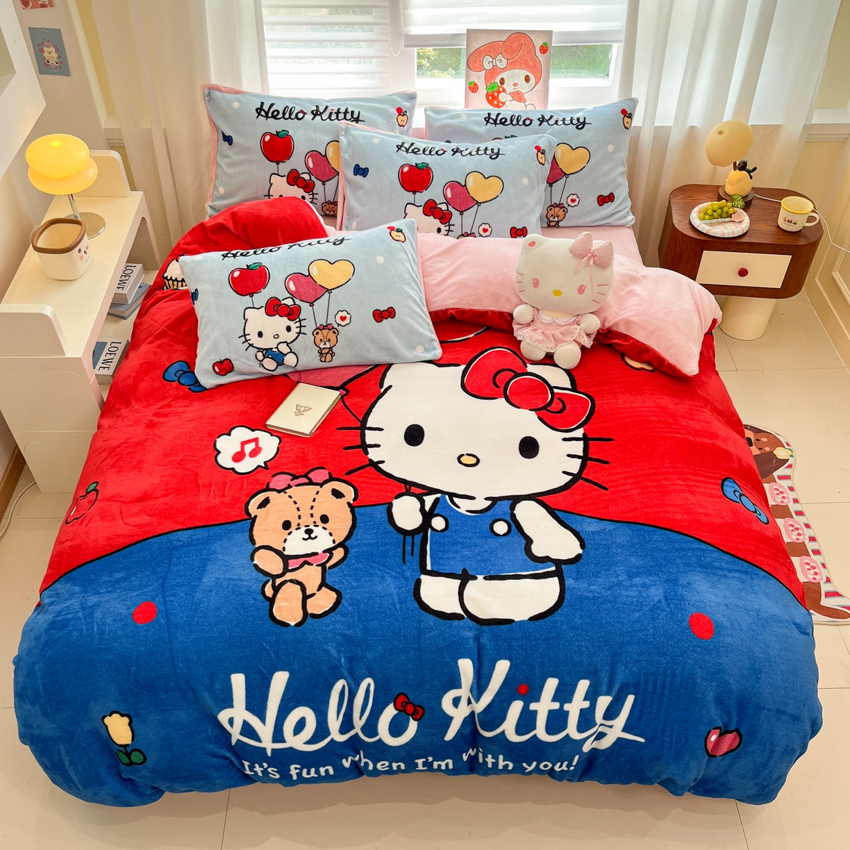 金爱家 2025新品大版卡通平网数码印花加厚高克重牛奶绒皮卡丘系列四件套 绒大版-气球苹果kt