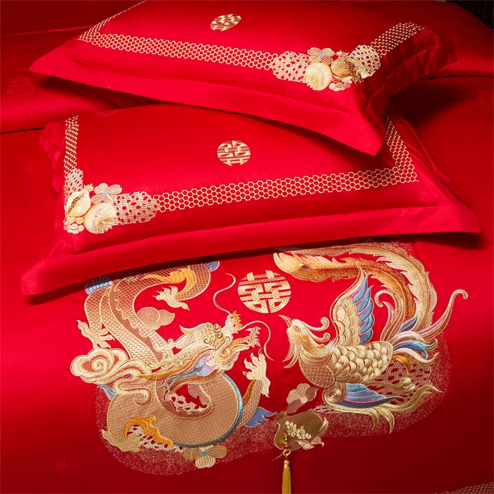 91家纺网 家纺一手货源 找家纺 红番天家居馆 （控价）2025新款纯棉贡缎提花婚庆四件套（每款供货价的基础上一切活动券后+100） 龙凤榴禧-金