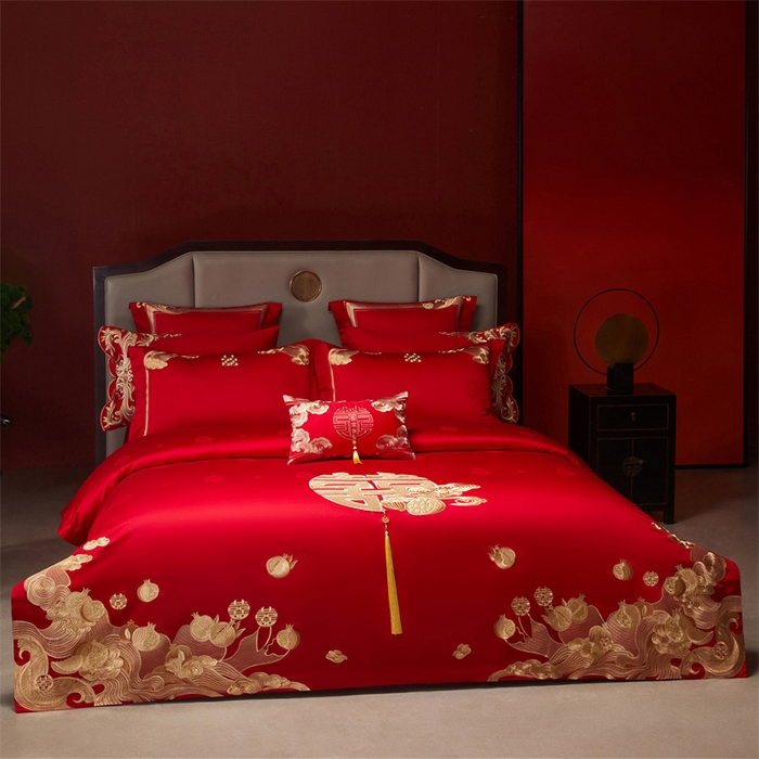 91家纺网 家纺一手货源 找家纺 红番天家居馆 （控价）2025新款纯棉贡缎提花婚庆四件套（每款供货价的基础上一切活动券后+100） 榴连忘返-金