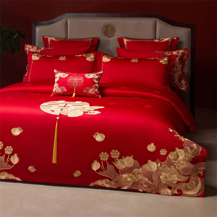 91家纺网 家纺一手货源 找家纺 红番天家居馆 （控价）2025新款纯棉贡缎提花婚庆四件套（每款供货价的基础上一切活动券后+100） 榴连忘返-金