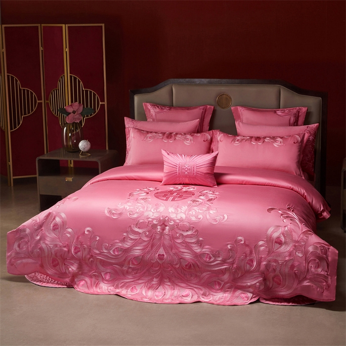 91家纺网 家纺一手货源 找家纺 红番天家居馆 （控价）2025新款纯棉贡缎提花婚庆四件套（每款供货价的基础上一切活动券后+100） 爱的韶华-粉
