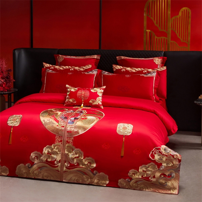 91家纺网 家纺一手货源 找家纺 红番天家居馆 （控价）2025新款纯棉贡缎提花婚庆四件套（每款供货价的基础上一切活动券后+100） 听澜同心-金
