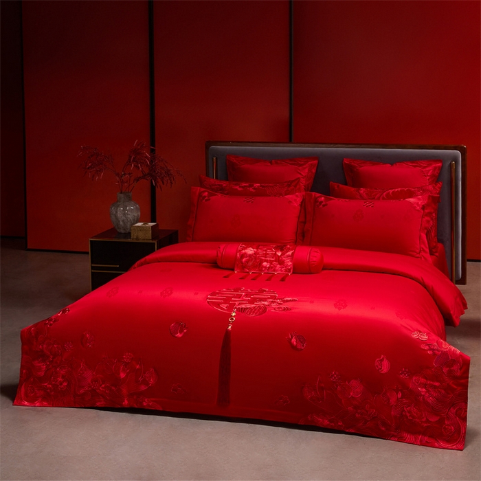 91家纺网 家纺一手货源 找家纺 红番天家居馆 （控价）2025新款纯棉贡缎提花婚庆四件套（每款供货价的基础上一切活动券后+100） 榴连忘返-红