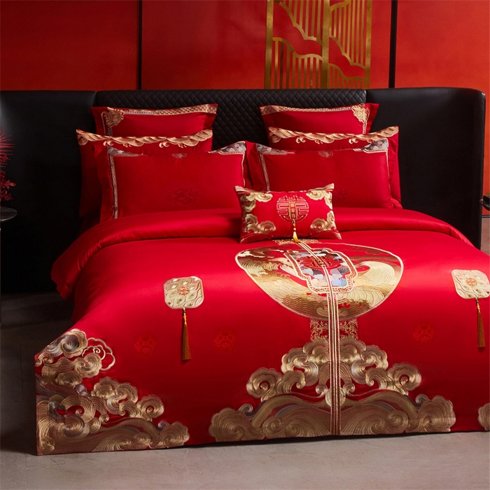 91家纺网 家纺一手货源 找家纺 红番天家居馆 （控价）2025新款纯棉贡缎提花婚庆四件套（每款供货价的基础上一切活动券后+100） 听澜同心-金