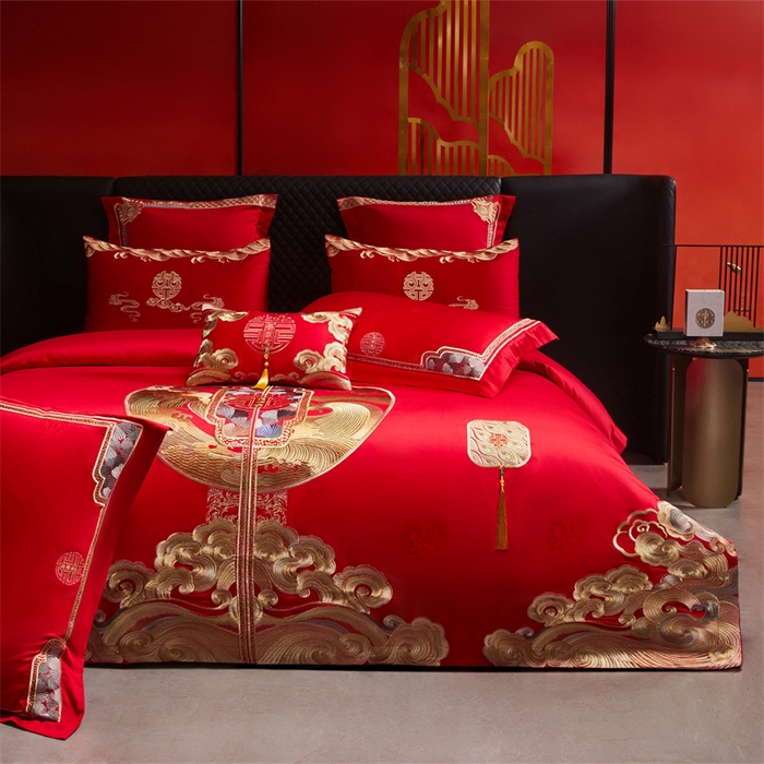 91家纺网 家纺一手货源 找家纺 红番天家居馆 （控价）2025新款纯棉贡缎提花婚庆四件套（每款供货价的基础上一切活动券后+100） 听澜同心-金