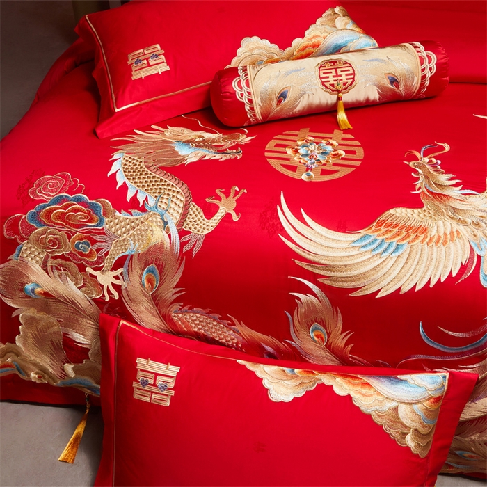 91家纺网 家纺一手货源 找家纺 红番天家居馆 （控价）2025新款纯棉贡缎提花婚庆四件套（每款供货价的基础上一切活动券后+100） 龙凤御禧-金