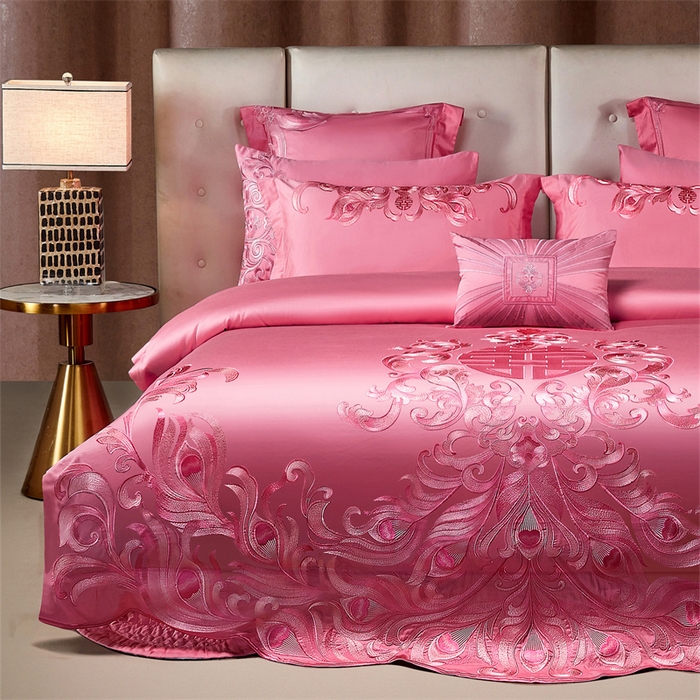 91家纺网 家纺一手货源 找家纺 红番天家居馆 （控价）2025新款纯棉贡缎提花婚庆四件套（每款供货价的基础上一切活动券后+100） 爱的韶华-粉