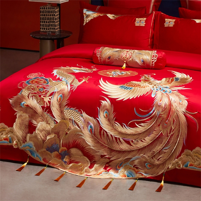 91家纺网 家纺一手货源 找家纺 红番天家居馆 （控价）2025新款纯棉贡缎提花婚庆四件套（每款供货价的基础上一切活动券后+100） 龙凤御禧-金