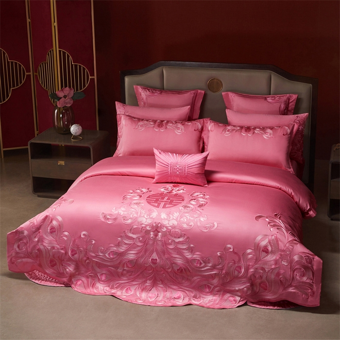 91家纺网 家纺一手货源 找家纺 红番天家居馆 （控价）2025新款纯棉贡缎提花婚庆四件套（每款供货价的基础上一切活动券后+100） 爱的韶华-粉