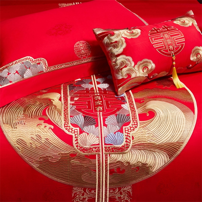 91家纺网 家纺一手货源 找家纺 红番天家居馆 （控价）2025新款纯棉贡缎提花婚庆四件套（每款供货价的基础上一切活动券后+100） 听澜同心-金