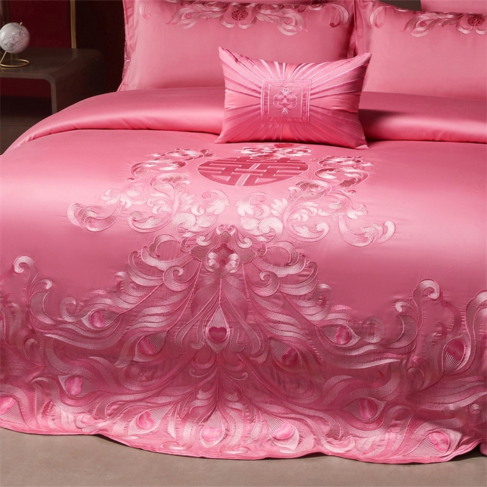91家纺网 家纺一手货源 找家纺 红番天家居馆 （控价）2025新款纯棉贡缎提花婚庆四件套（每款供货价的基础上一切活动券后+100） 爱的韶华-粉