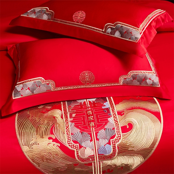 91家纺网 家纺一手货源 找家纺 红番天家居馆 （控价）2025新款纯棉贡缎提花婚庆四件套（每款供货价的基础上一切活动券后+100） 听澜同心-金