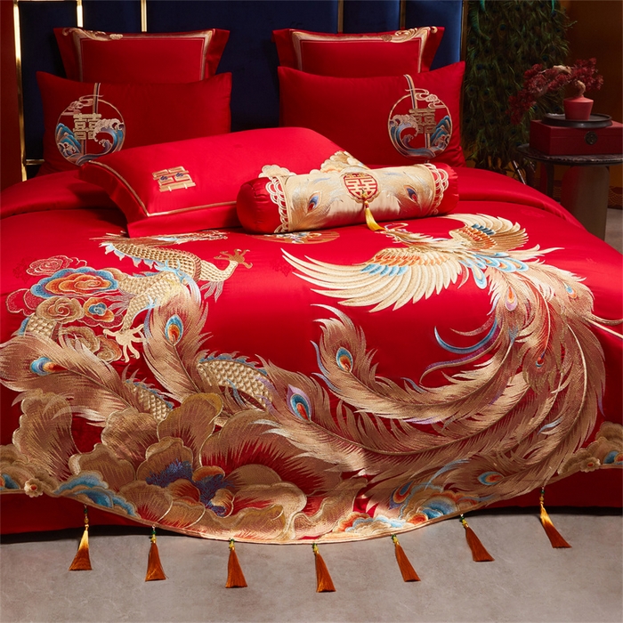 91家纺网 家纺一手货源 找家纺 红番天家居馆 （控价）2025新款纯棉贡缎提花婚庆四件套（每款供货价的基础上一切活动券后+100） 龙凤御禧-金