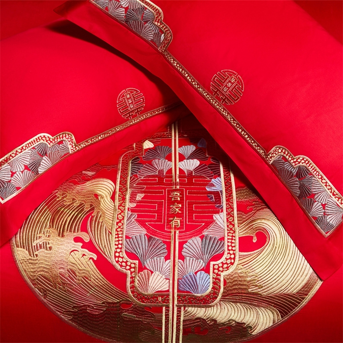 91家纺网 家纺一手货源 找家纺 红番天家居馆 （控价）2025新款纯棉贡缎提花婚庆四件套（每款供货价的基础上一切活动券后+100） 听澜同心-金