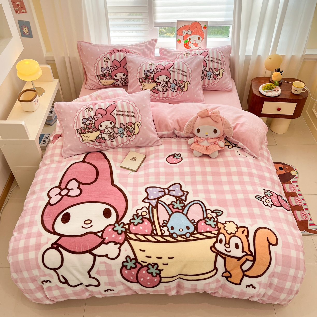 金爱家 2025新品大版卡通平网数码印花加厚高克重牛奶绒皮卡丘系列四件套 绒大版-野营美乐蒂