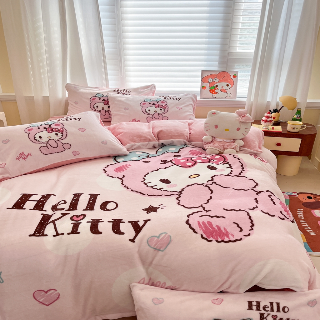 91家纺网 家纺一手货源 找家纺 金爱家 2025新品大版卡通平网数码印花加厚高克重牛奶绒皮卡丘系列四件套 绒大版-babykitty